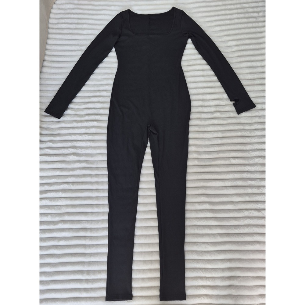 Black Ribbed Long Sleeve Jumpsuit Square Neck Thumbhole Cuffs Medium